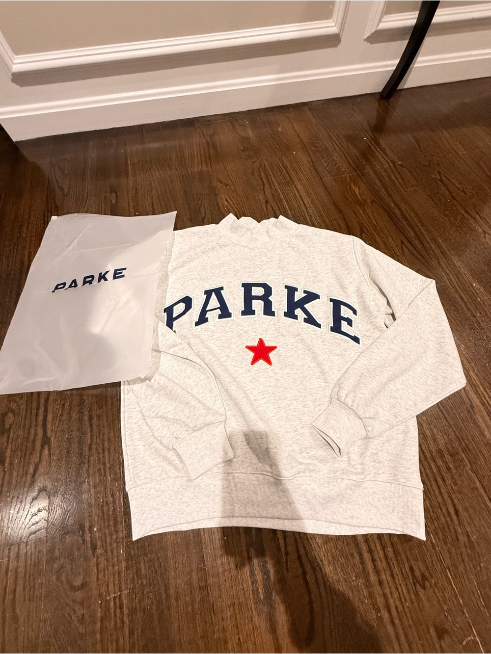 Parker Heather Gray Sweatshirt with Navy Logo and Red Star